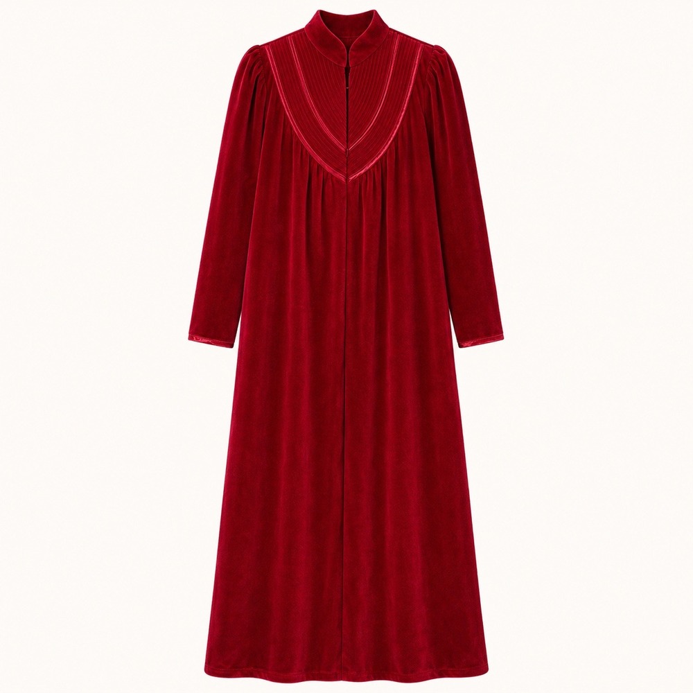 Vintage Appel Red Velour Robe Long Sleeve Quilted Yoke Satin Trim NWT